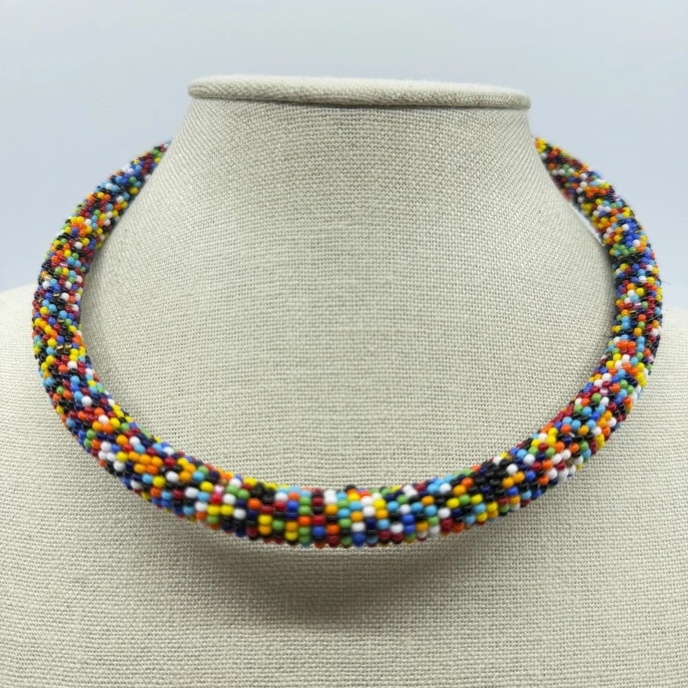 Multicolor Seed Bead Collar Necklace Boho Statement Festival Layering Gift Chic